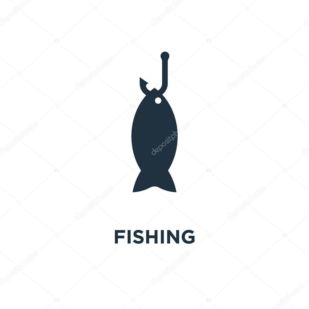 Fishing icon. Black filled vector illustration. Fishing symbol on white background. Can be used in web and mobile.