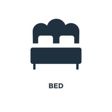 Yatak simgesi. Siyah vektör çizim dolu. Beyaz arka plan yatak sembolü. Web ve mobil kullanılabilir.