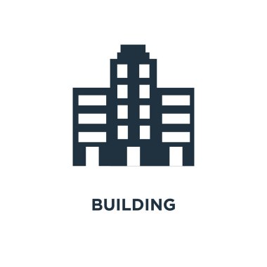 Bina simgesi. Siyah vektör çizim dolu. Beyaz arka planda Bina sembolü. Web ve mobil kullanılabilir.