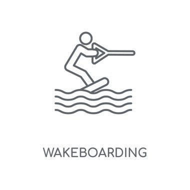 Wakeboarding doğrusal simgesi. Wakeboarding kavramı kontur sembolü tasarım. İnce grafik öğeleri illüstrasyon, beyaz bir arka plan, eps 10 anahat desen vektör.