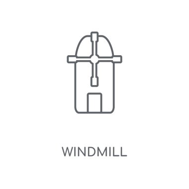 Yel değirmeni doğrusal simgesi. Yel değirmeni kavramı kontur sembolü tasarım. İnce grafik öğeleri illüstrasyon, beyaz bir arka plan, eps 10 anahat desen vektör.