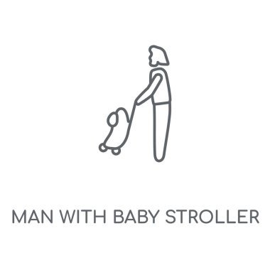 Bebek arabası doğrusal simgesi olan adam. Bebek arabası kavramı kontur sembol tasarımı olan adam. İnce grafik öğeleri illüstrasyon, beyaz bir arka plan, eps 10 anahat desen vektör.