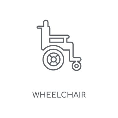 Tekerlekli sandalye doğrusal simgesi. Tekerlekli sandalye kavramı kontur sembolü tasarım. İnce grafik öğeleri illüstrasyon, beyaz bir arka plan, eps 10 anahat desen vektör.