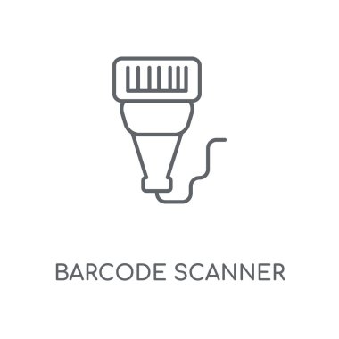 Barkod tarayıcı doğrusal simgesi. Barkod tarayıcı kavramı kontur sembolü tasarım. İnce grafik öğeleri illüstrasyon, beyaz bir arka plan, eps 10 anahat desen vektör.