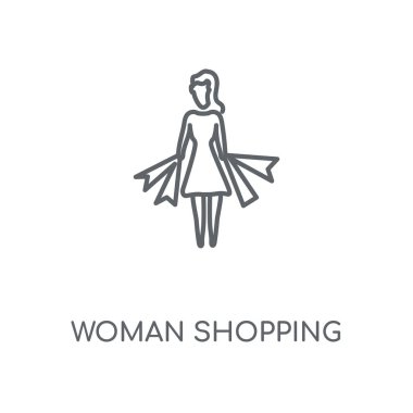Kadın alışveriş doğrusal simgesi. Kadın alışveriş kavramı kontur sembolü tasarım. İnce grafik öğeleri illüstrasyon, beyaz bir arka plan, eps 10 anahat desen vektör.