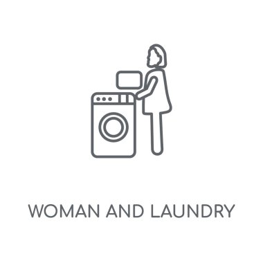 Kadın ve Çamaşırhane doğrusal simgesi. Kadın ve Çamaşırhane kavramı kontur tasarım sembolü. İnce grafik öğeleri illüstrasyon, beyaz bir arka plan, eps 10 anahat desen vektör.