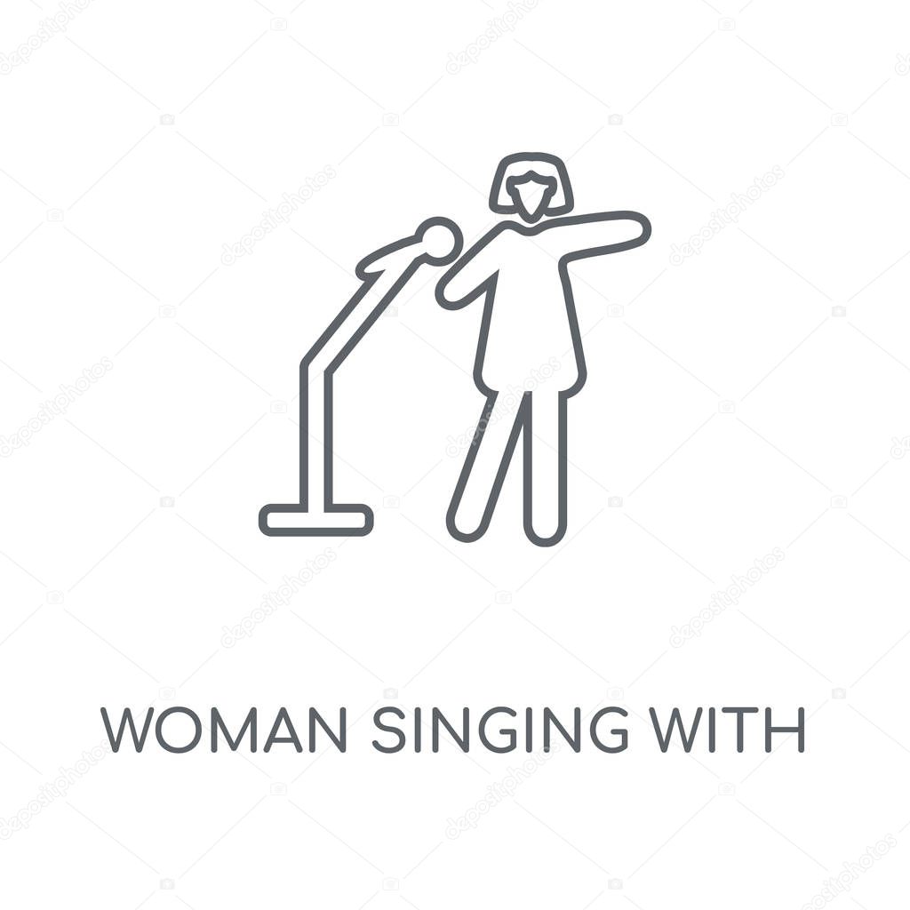 Woman Singing with Microphone linear icon. Woman Singing with Microphone concept stroke symbol design. Thin graphic elements vector illustration, outline pattern on a white background, eps 10.