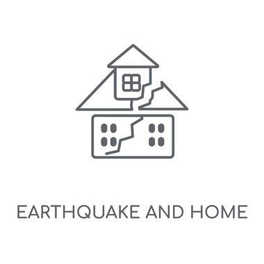 Deprem ve ev doğrusal simgesi. Deprem ve ev kavramı kontur tasarım sembolü. İnce grafik öğeleri illüstrasyon, beyaz bir arka plan, eps 10 anahat desen vektör.