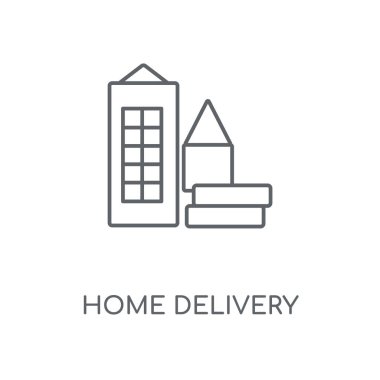 Eve teslim doğrusal simgesi. Eve teslim kavramı kontur sembolü tasarım. İnce grafik öğeleri illüstrasyon, beyaz bir arka plan, eps 10 anahat desen vektör.