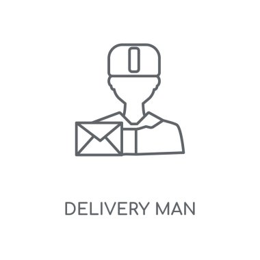 Teslimat adam doğrusal simgesi. Teslimat adam kavramı kontur sembolü tasarım. İnce grafik öğeleri illüstrasyon, beyaz bir arka plan, eps 10 anahat desen vektör.