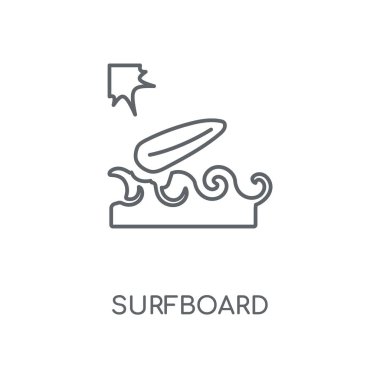 Sörf tahtası doğrusal simgesi. Sörf tahtası kavramı kontur sembolü tasarım. İnce grafik öğeleri illüstrasyon, beyaz bir arka plan, eps 10 anahat desen vektör.