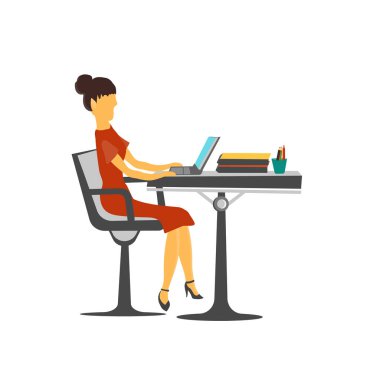Office vektör logo kavramı içinde çalışan kadın web ve mobil uygulaması tasarımı, beyaz arka plan üzerinde office vektör vektör içinde çalışan kadın izole