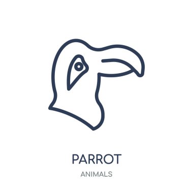 Papağan simgesi. Papağan doğrusal sembolü tasarım hayvanlar koleksiyonundan. Beyaz arka plan üzerinde basit anahat öğesi vektör çizim.