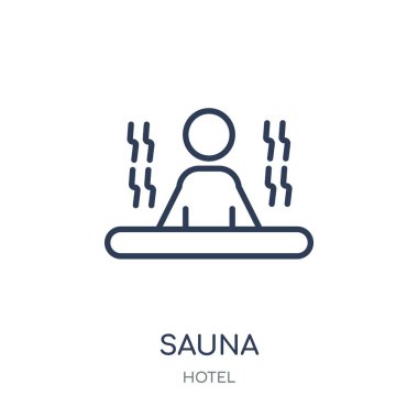 Sauna simgesi. Sauna doğrusal sembolü tasarım Hotel Collection. Beyaz arka plan üzerinde basit anahat öğesi vektör çizim.