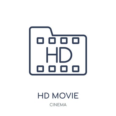 HD film simgesi. HD film doğrusal sembolü tasarım sinema koleksiyonundan. Beyaz arka plan üzerinde basit anahat öğesi vektör çizim.