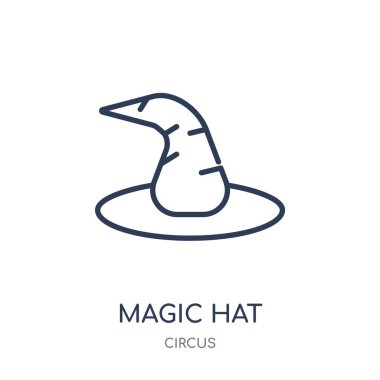 Sihirli şapka simgesi. Sihirli şapka doğrusal sembolü tasarım sirk koleksiyonundan. Beyaz arka plan üzerinde basit anahat öğesi vektör çizim.