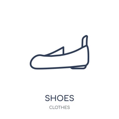 Ayakkabı simgesi. Doğrusal sembolü tasarım kıyafetler koleksiyonundan ayakkabılar. Beyaz arka plan üzerinde basit anahat öğesi vektör çizim.