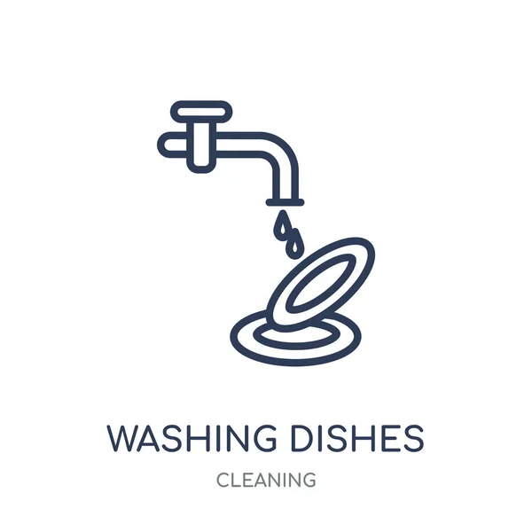 洗濯料理アイコン コレクションのクリーニングから料理線形シンボル デザインを洗浄します 白い背景の上の簡単なアウトライン要素ベクトル図 — ストックベクタ