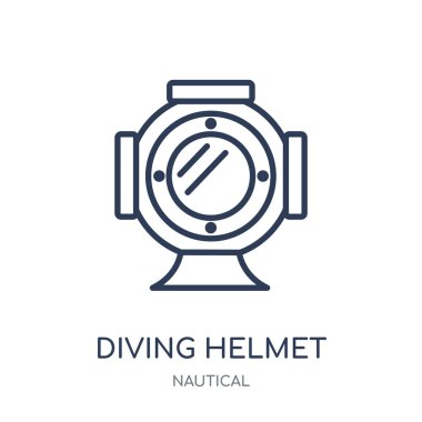 Dalış kask simgesi. Dalış kask doğrusal sembolü tasarım deniz koleksiyonundan. Beyaz arka plan üzerinde basit anahat öğesi vektör çizim.