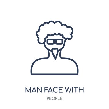 Yüz gözlük ve keçi sakalı simgesi olan adamım. Adam yüz insanlar koleksiyonundan gözlük ve keçi sakalı doğrusal sembol tasarımı ile. Beyaz arka plan üzerinde basit anahat öğesi vektör çizim.