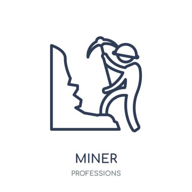 Madenci simgesi. Madenci doğrusal sembolü tasarım meslekler koleksiyonundan. Beyaz arka plan üzerinde basit anahat öğesi vektör çizim.
