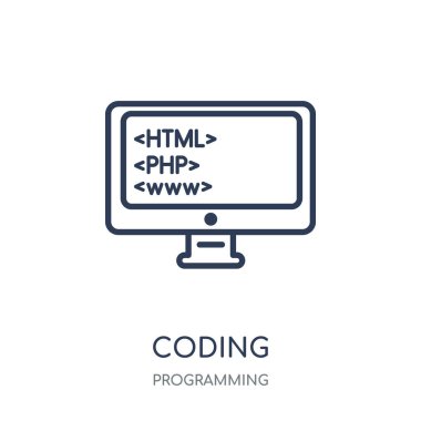 Simge kodlama. Doğrusal sembolü tasarım programlama koleksiyonundan kodlama. Beyaz arka plan üzerinde basit anahat öğesi vektör çizim.