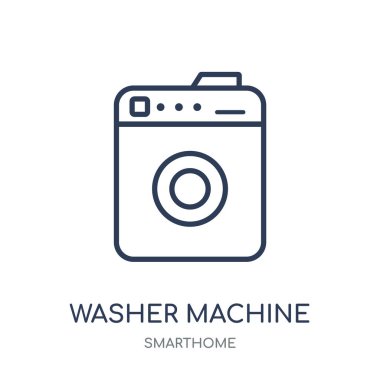 Yıkama makinesi simgesi. Yıkama makinesi doğrusal sembolü tasarım Smarthome koleksiyonundan. Beyaz arka plan üzerinde basit anahat öğesi vektör çizim.