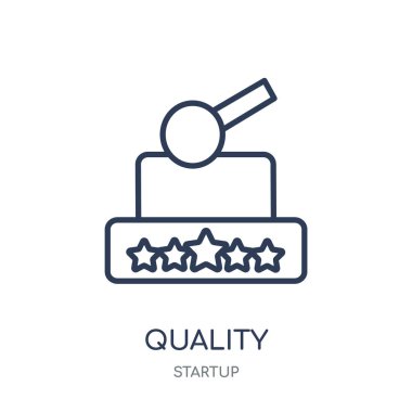 Kalite simgesi. Kaliteli doğrusal sembolü tasarım başlangıç koleksiyonundan. Beyaz arka plan üzerinde basit anahat öğesi vektör çizim.
