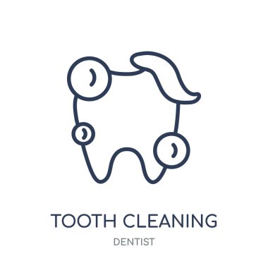 Diş Temizleme simgesi. Diş hekimi koleksiyonundan temizlik doğrusal sembolü tasarım diş. Beyaz arka plan üzerinde basit anahat öğesi vektör çizim.