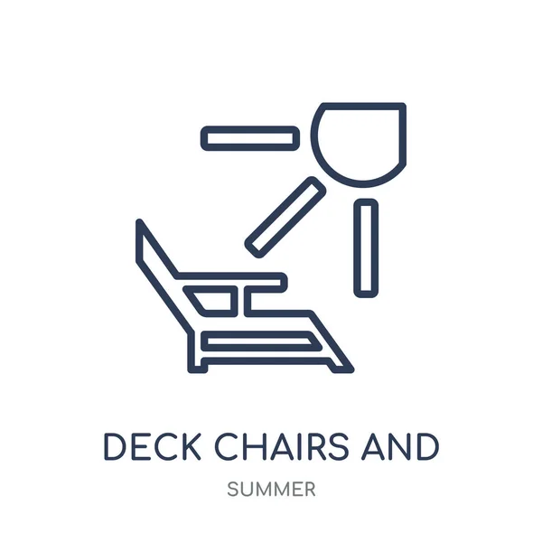 躺椅和太阳图标 甲板椅子和太阳线性符号设计从夏季收藏 简单的大纲元素向量例证在白色背景 — 图库矢量图片