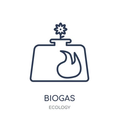 Biyogaz simgesi. Biyogaz doğrusal sembolü tasarım ekoloji koleksiyonundan. Beyaz arka plan üzerinde basit anahat öğesi vektör çizim.
