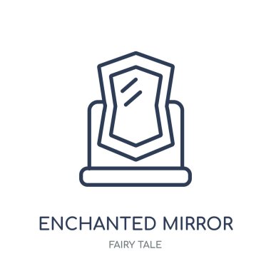Büyülü ayna simgesi. Masal Collection büyülü ayna doğrusal sembol tasarımı. Beyaz arka plan üzerinde basit anahat öğesi vektör çizim.