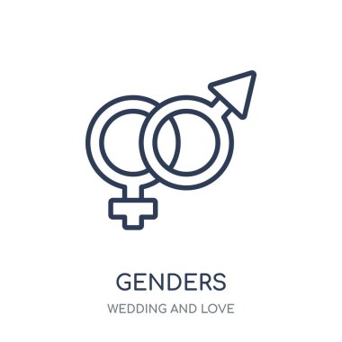 Cinsiyet simgesi. Doğrusal sembolü tasarım düğün ve sevgi Collection cinsiyet. Beyaz arka plan üzerinde basit anahat öğesi vektör çizim.