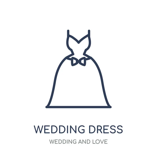 結婚式ドレス アイコン 結婚と愛のコレクションからウェディング ドレスの線形シンボル デザイン 白い背景の上の簡単なアウトライン要素ベクトル図 — ストックベクタ