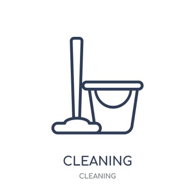 Simge temizlik. Doğrusal sembolü tasarım From koleksiyonu temizlik temizlik. Beyaz arka plan üzerinde basit anahat öğesi vektör çizim.