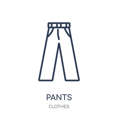 Pantolon simgesi. Doğrusal sembolü tasarım kıyafetler koleksiyonundan pantolon. Beyaz arka plan üzerinde basit anahat öğesi vektör çizim.