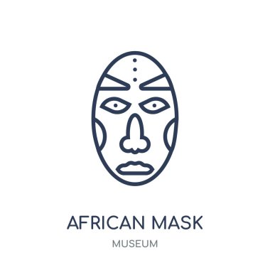 Afrika maskesi simgesi. Afrika maskesi doğrusal sembolü Tasarım Müzesi koleksiyonundan. Beyaz arka plan üzerinde basit anahat öğesi vektör çizim.