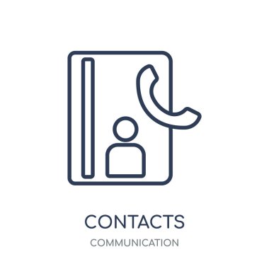 Kişiler simgesi. Doğrusal sembolü tasarım iletişim koleksiyonundan bağlantı kurar. Beyaz arka plan üzerinde basit anahat öğesi vektör çizim.