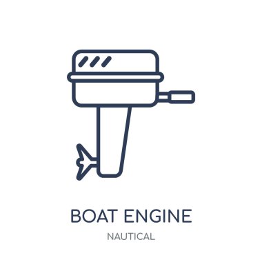 Tekne motoru simgesini. Tekne motoru doğrusal sembol tasarımı deniz koleksiyonundan. Beyaz arka plan üzerinde basit anahat öğesi vektör çizim.