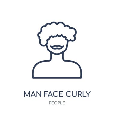 Adam yüz kıvırcık saçları ve bıyığı simgesi. Adam yüz kıvırcık saçları ve bıyığı doğrusal sembolü tasarım insanlar koleksiyonundan. Beyaz arka plan üzerinde basit anahat öğesi vektör çizim.
