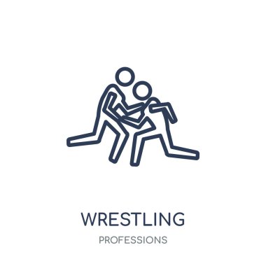 Güreş simgesi. Doğrusal sembolü tasarım meslekler koleksiyonundan güreş. Beyaz arka plan üzerinde basit anahat öğesi vektör çizim.