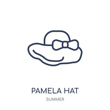 Pamela şapka simgesi. Pamela şapka doğrusal sembolü tasarım yaz koleksiyonundan. Beyaz arka plan üzerinde basit anahat öğesi vektör çizim.