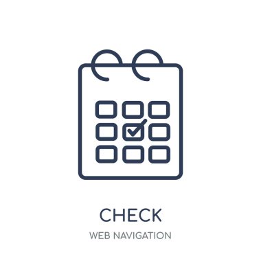 Simgesini denetleyin. Doğrusal sembolü tasarım Web gezinti koleksiyonundan denetleyin. Beyaz arka plan üzerinde basit anahat öğesi vektör çizim.