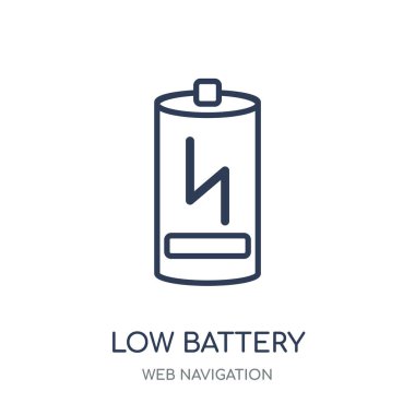 Düşük pil simgesi. Düşük pil doğrusal sembolü tasarım Web gezinti koleksiyonundan. Beyaz arka plan üzerinde basit anahat öğesi vektör çizim.