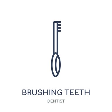 Fırçalama diş simgesi. Diş hekimi koleksiyonundan fırçalama diş doğrusal sembolü tasarım. Beyaz arka plan üzerinde basit anahat öğesi vektör çizim.