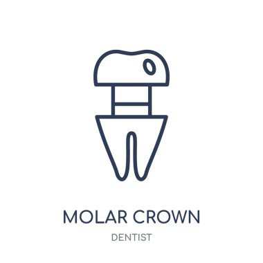 Molar taç simgesi. Diş hekimi koleksiyonundan molar taç doğrusal sembolü tasarım. Beyaz arka plan üzerinde basit anahat öğesi vektör çizim.