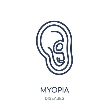 Miyopi simgesi. Miyopi doğrusal sembolü tasarım hastalıkları koleksiyonundan. Beyaz arka plan üzerinde basit anahat öğesi vektör çizim.