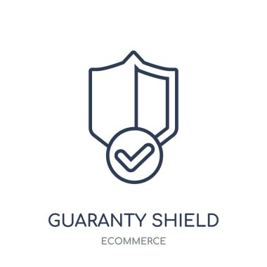 garanti kalkan kutsal kişilerin resmi. Kalkan doğrusal sembolü tasarım e-ticaret koleksiyonundan garanti. Beyaz arka plan üzerinde basit anahat öğesi vektör çizim.
