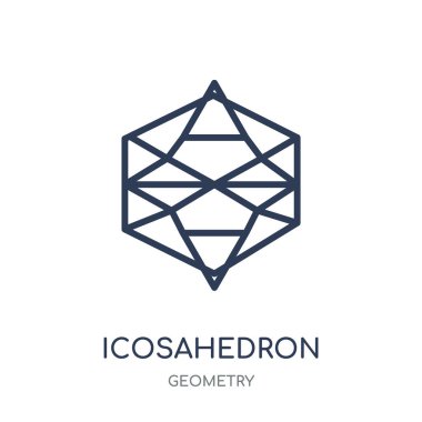 İcosahedron simgesi. İcosahedron doğrusal sembolü tasarım geometri koleksiyonundan. Beyaz arka plan üzerinde basit anahat öğesi vektör çizim.