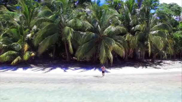 Młody Człowiek Białym Piaskiem Plaży Nurkowanie Krystalicznie Czystej Wody Aerial — Wideo stockowe